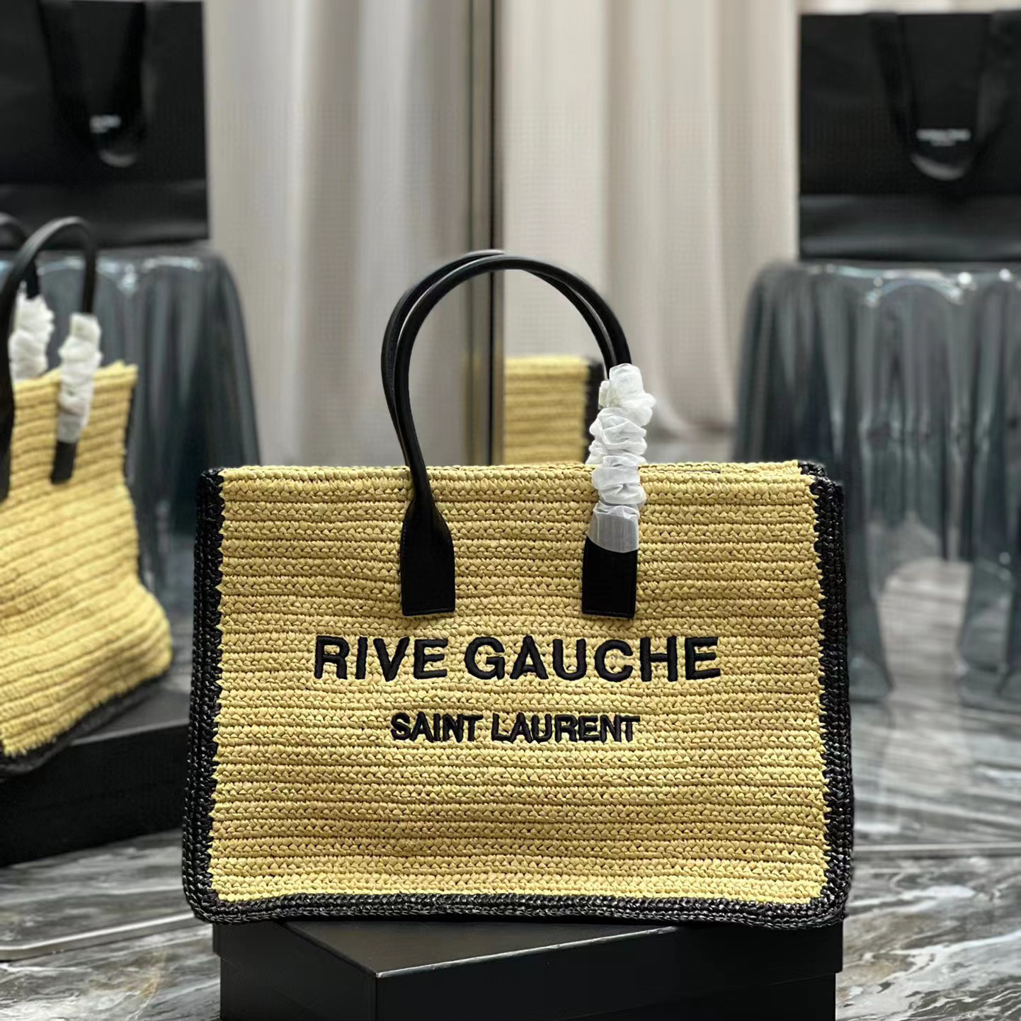 Saint Laurent Rive Gauche Tote Bag In Raffia And Leather(48-36-16cm) - FashionPlug