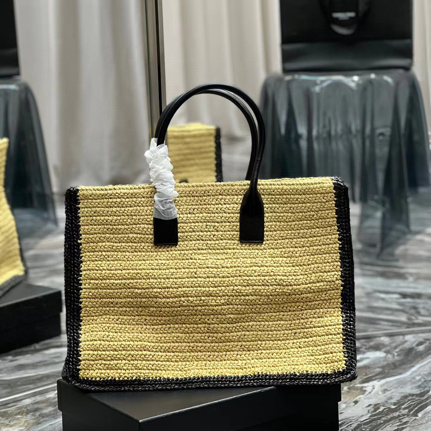 Saint Laurent Rive Gauche Tote Bag In Raffia And Leather(48-36-16cm) - FashionPlug