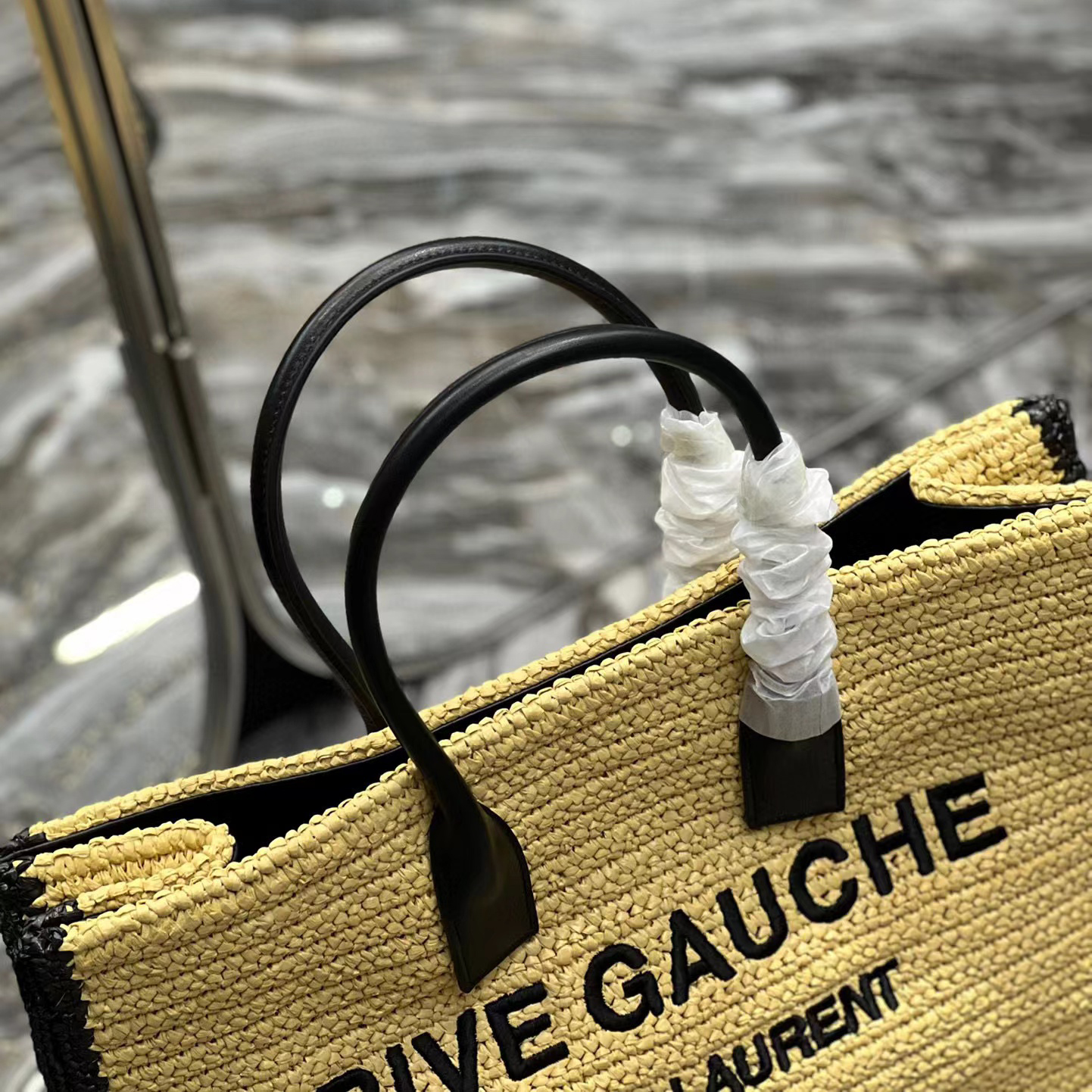 Saint Laurent Rive Gauche Tote Bag In Raffia And Leather(48-36-16cm) - FashionPlug