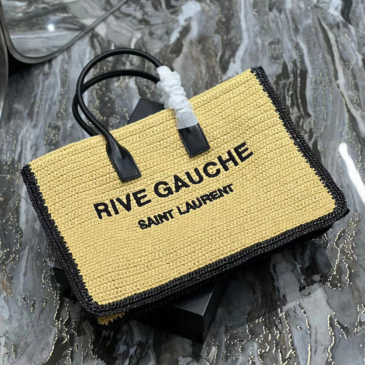 Saint Laurent Rive Gauche Tote Bag In Raffia And Leather(48-36-16cm) - FashionPlug