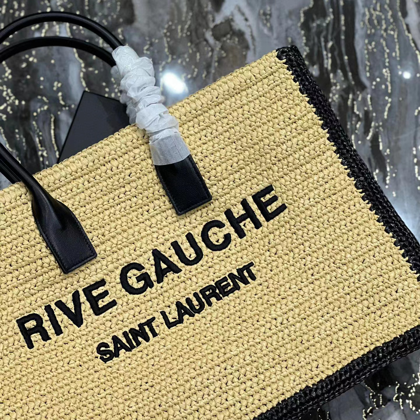 Saint Laurent Rive Gauche Tote Bag In Raffia And Leather(48-36-16cm) - FashionPlug