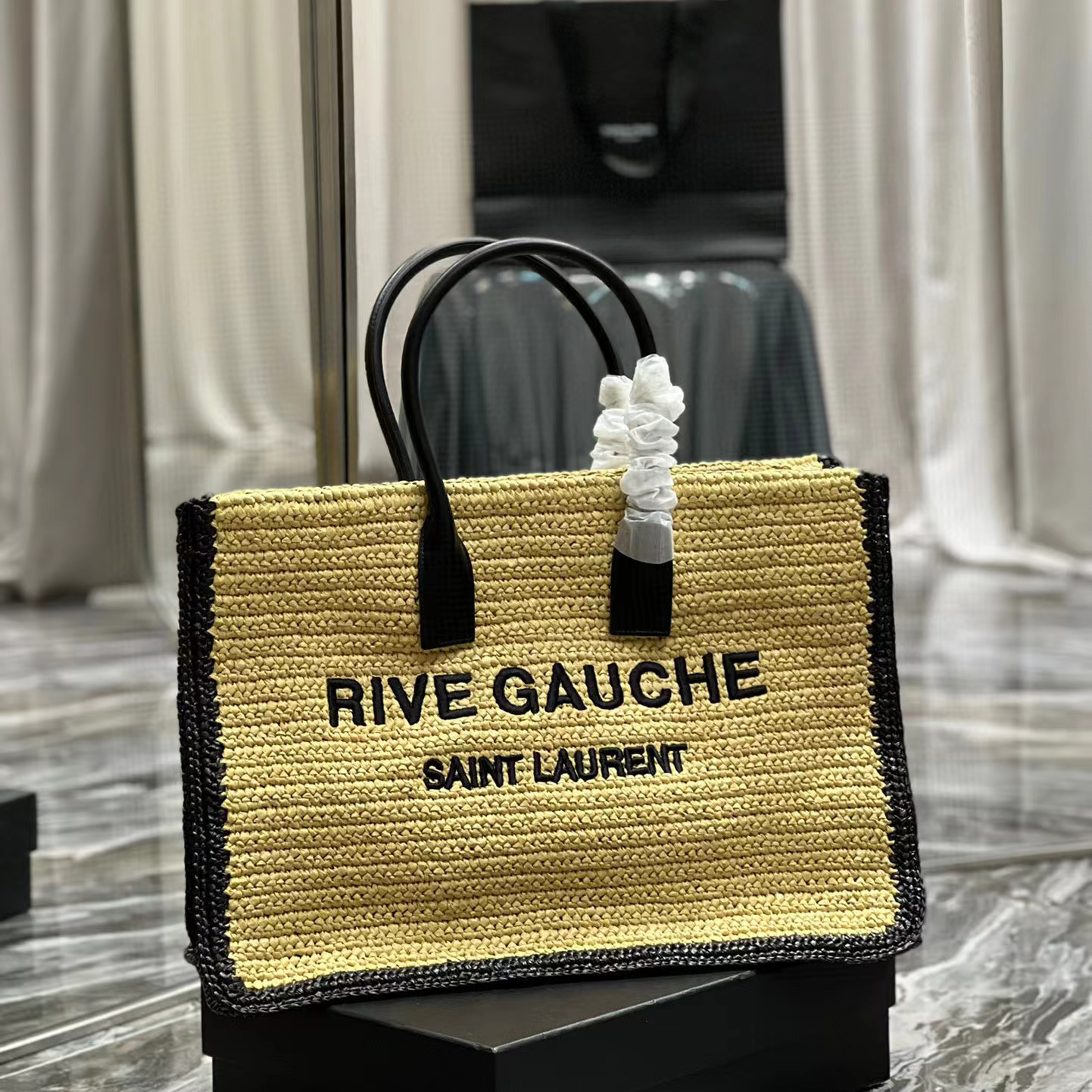 Saint Laurent Rive Gauche Tote Bag In Raffia And Leather(48-36-16cm) - FashionPlug