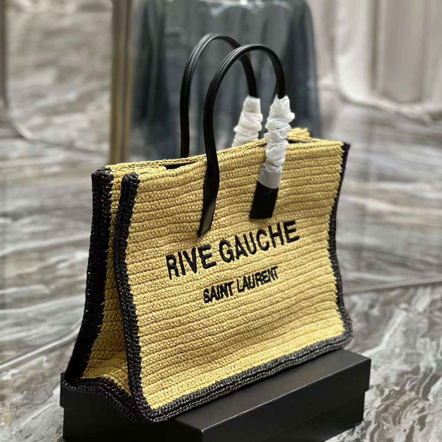 Saint Laurent Rive Gauche Tote Bag In Raffia And Leather(48-36-16cm) - FashionPlug