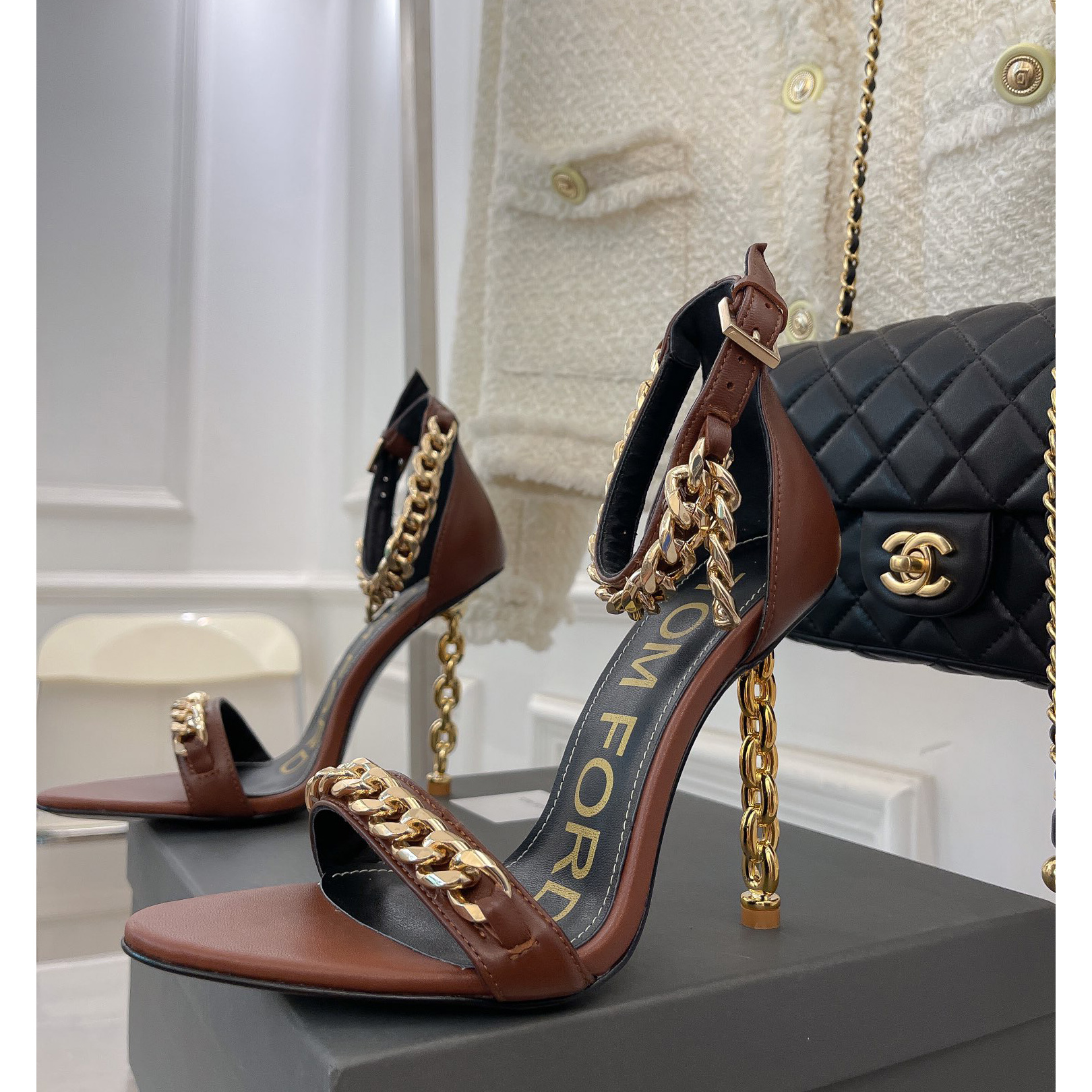 Tom Ford Chain-Trimmed Leather Sandals With Heel Height Of 10.5cm - FashionPlug