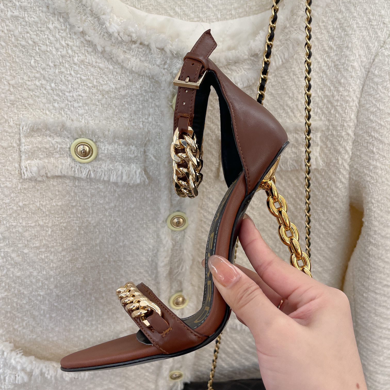 Tom Ford Chain-Trimmed Leather Sandals With Heel Height Of 10.5cm - FashionPlug