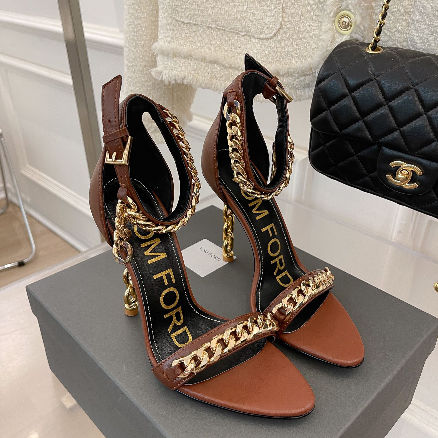 Tom Ford Chain-Trimmed Leather Sandals With Heel Height Of 10.5cm - FashionPlug