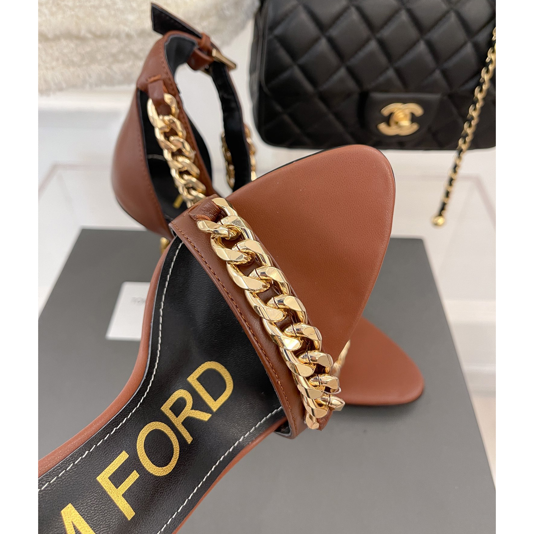 Tom Ford Chain-Trimmed Leather Sandals With Heel Height Of 10.5cm - FashionPlug