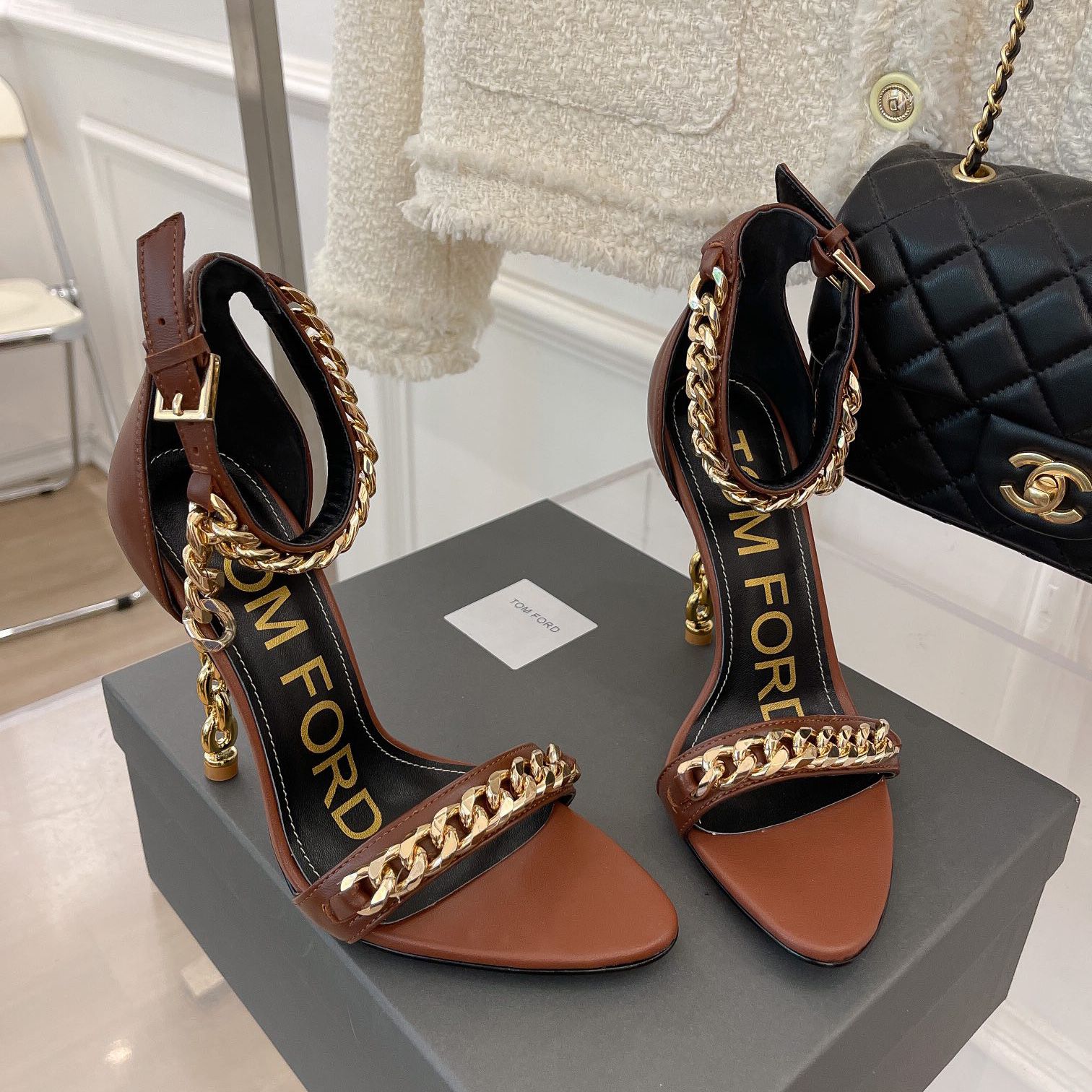 Tom Ford Chain-Trimmed Leather Sandals With Heel Height Of 10.5cm - FashionPlug