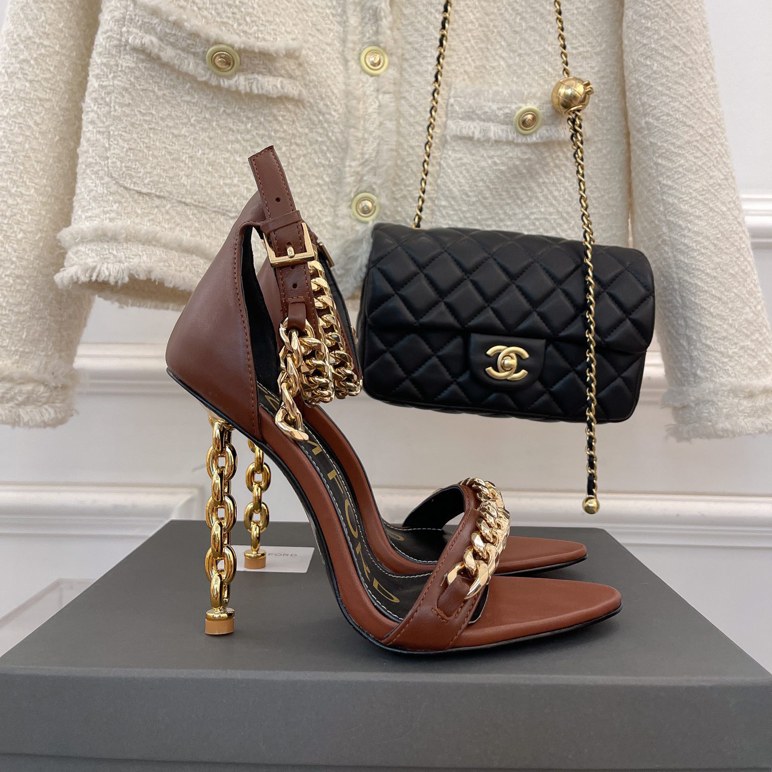 Tom Ford Chain-Trimmed Leather Sandals With Heel Height Of 10.5cm - FashionPlug