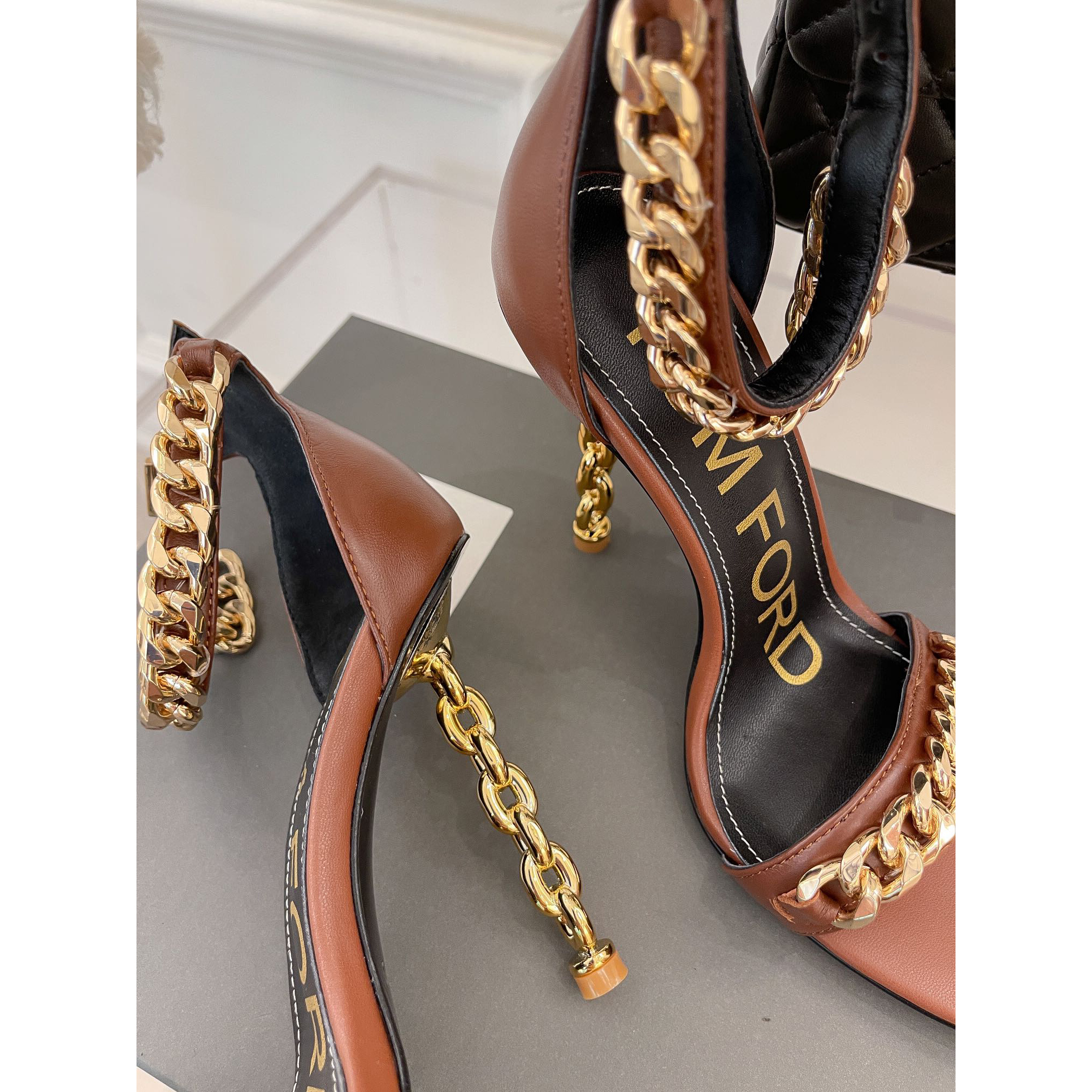 Tom Ford Chain-Trimmed Leather Sandals With Heel Height Of 10.5cm - FashionPlug