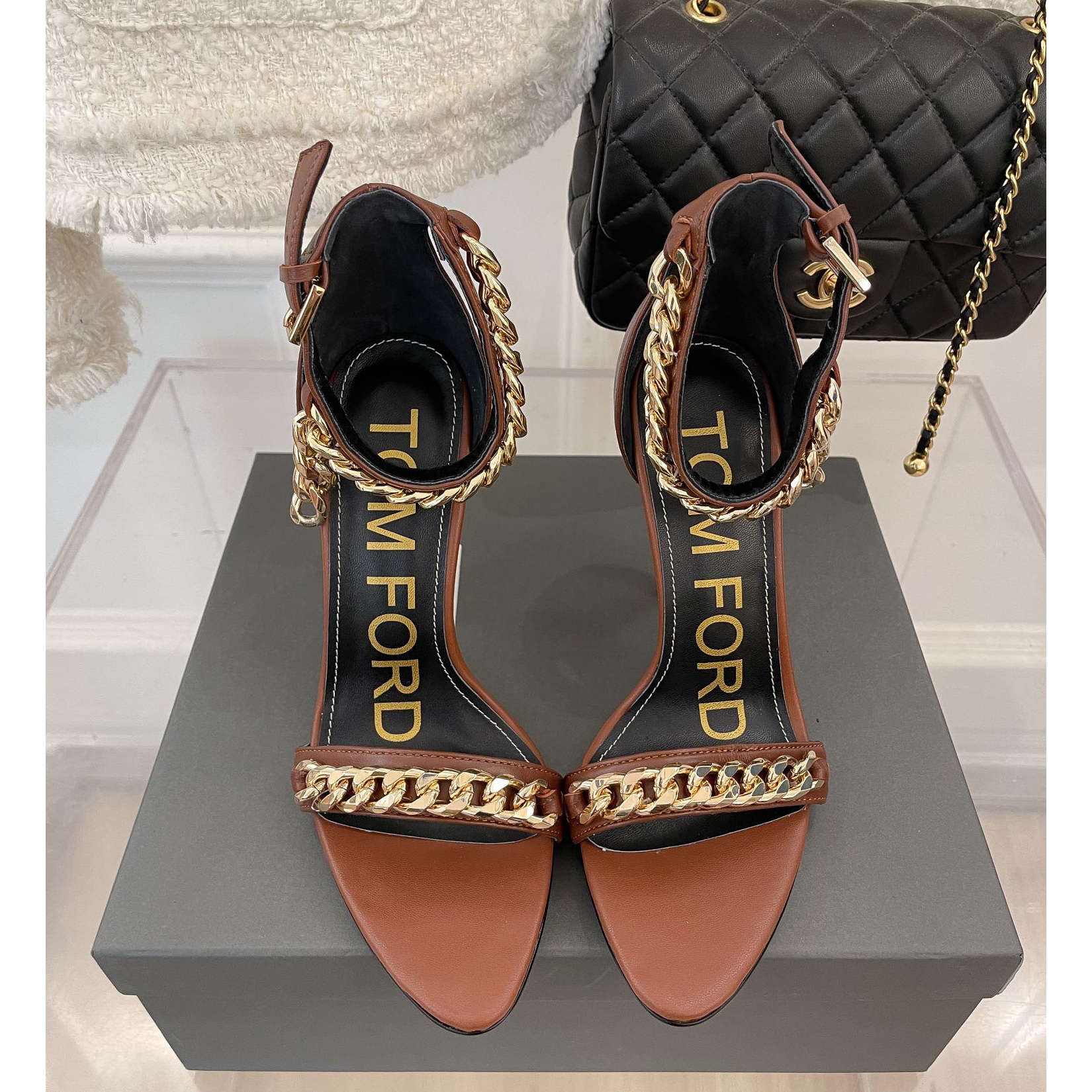 Tom Ford Chain-Trimmed Leather Sandals With Heel Height Of 10.5cm - FashionPlug