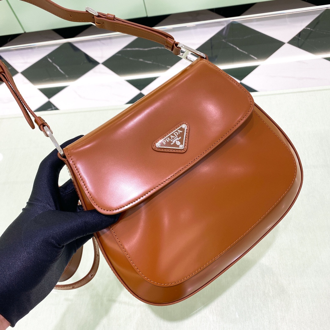 Prada Cleo Brushed Leather Shoulder Bag In Brown(24-19-6cm)   1BD303 - FashionPlug