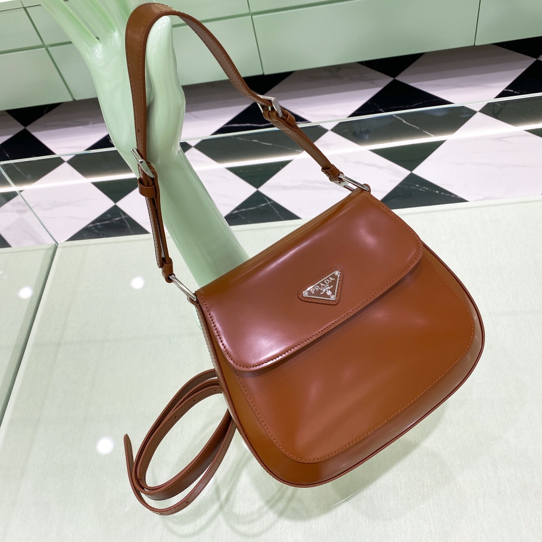 Prada Cleo Brushed Leather Shoulder Bag In Brown(24-19-6cm)   1BD303 - FashionPlug