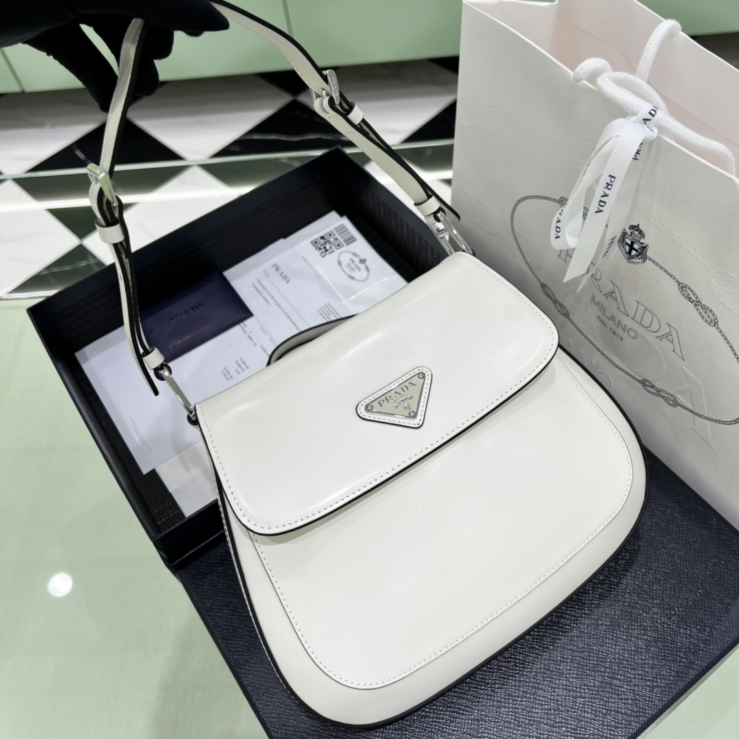 Prada Cleo Brushed Leather Shoulder Bag In White(24-19-6cm)   1BD303 - FashionPlug