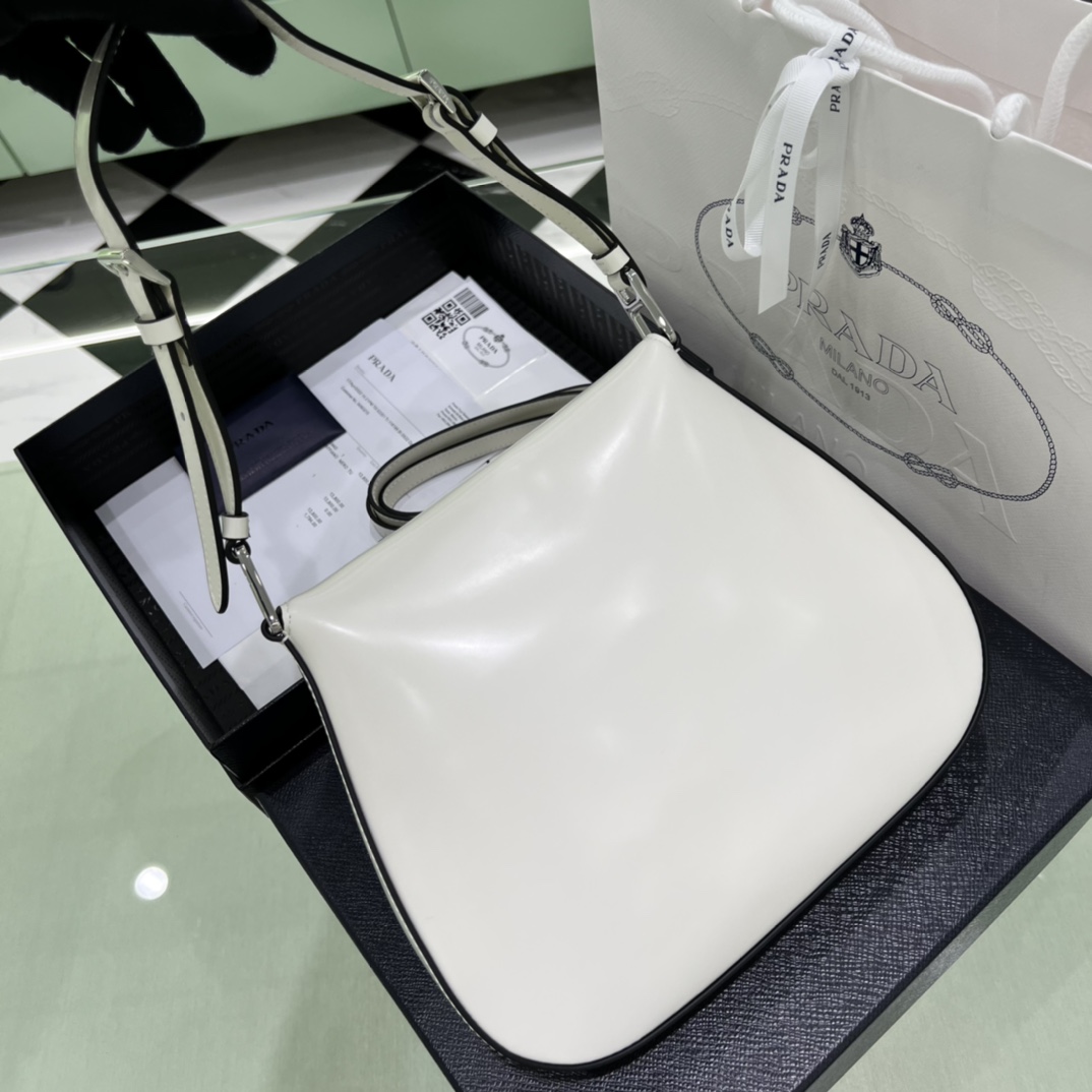 Prada Cleo Brushed Leather Shoulder Bag In White(24-19-6cm)   1BD303 - FashionPlug