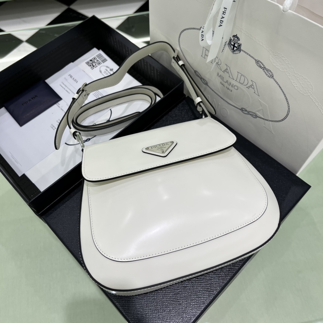 Prada Cleo Brushed Leather Shoulder Bag In White(24-19-6cm)   1BD303 - FashionPlug