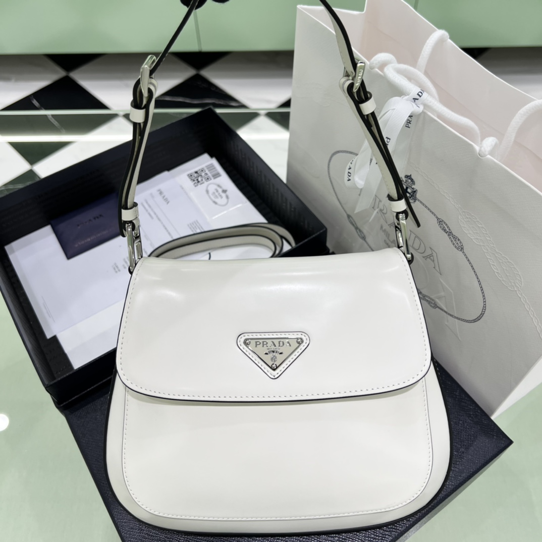 Prada Cleo Brushed Leather Shoulder Bag In White(24-19-6cm)   1BD303 - FashionPlug
