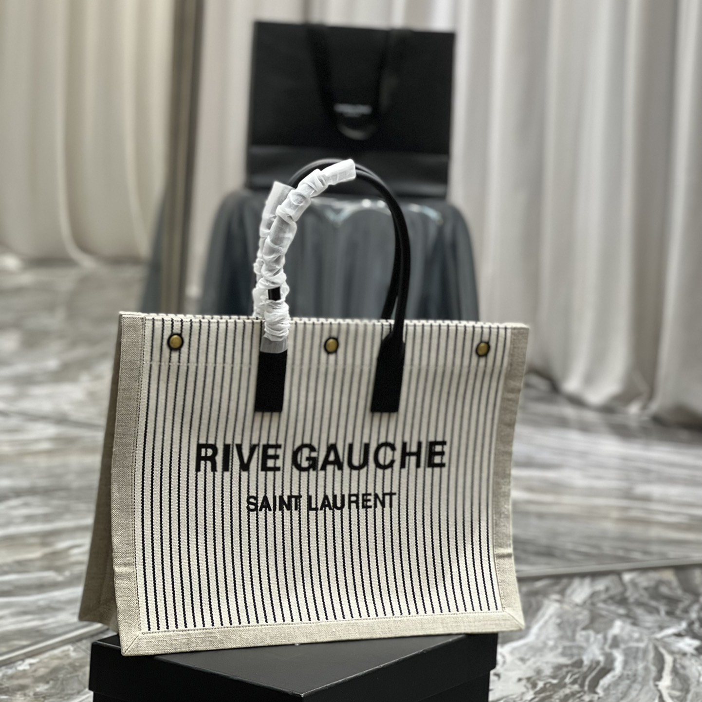 Saint Laurent Rive Gquche Tote Bag In Linen And Smooth Leather(48-36-16cm) - FashionPlug