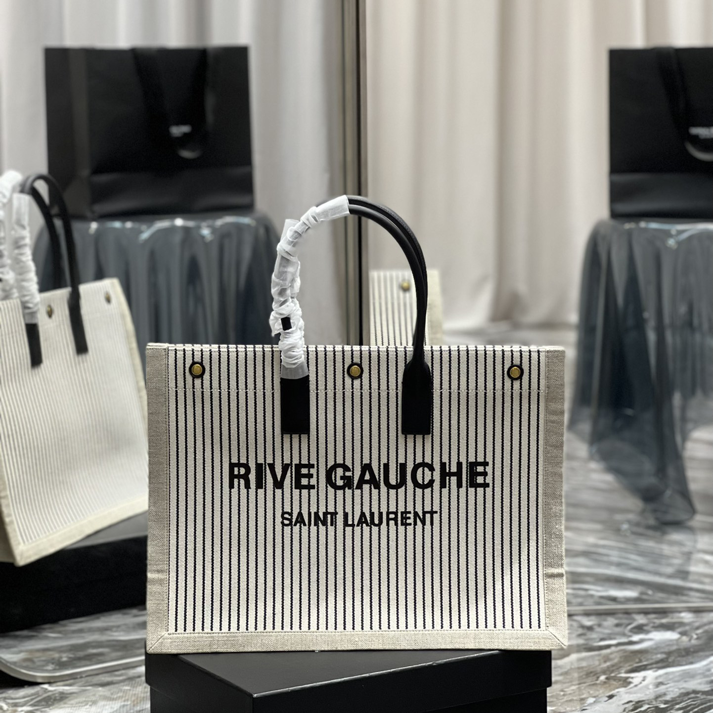 Saint Laurent Rive Gquche Tote Bag In Linen And Smooth Leather(48-36-16cm) - FashionPlug