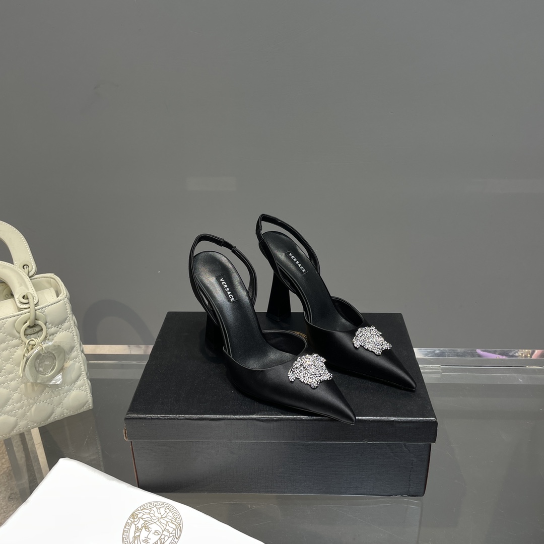 Versace Crystal La Medusa Satin Sling-Back Pumps - FashionPlug