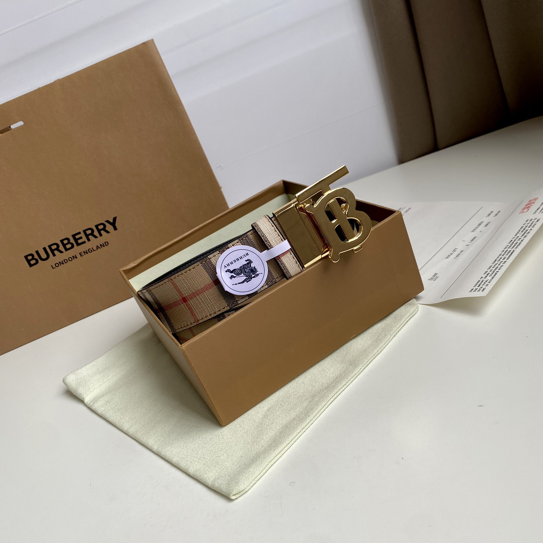 Burberry TB Monogram Vintage Check Bel—35mm - FashionPlug