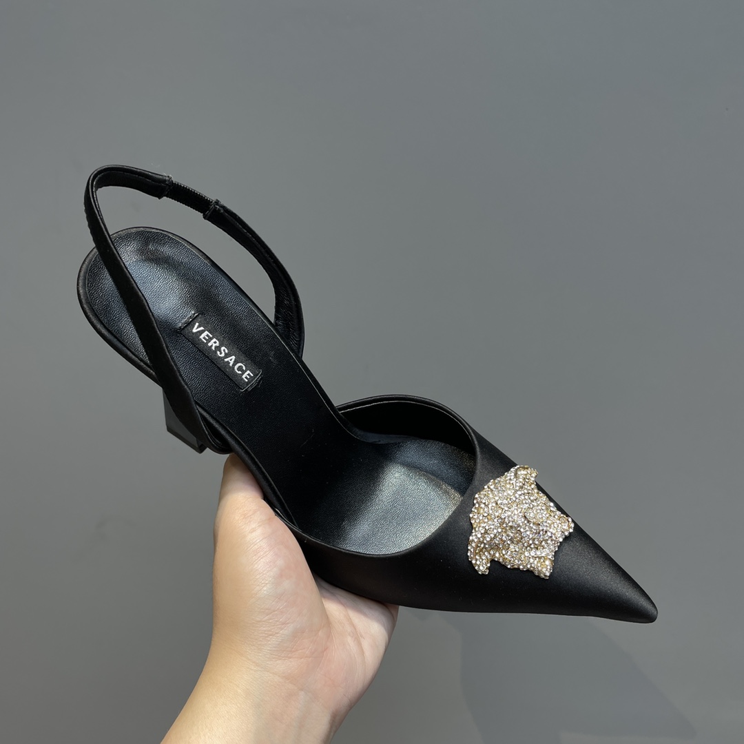 Versace Crystal La Medusa Satin Sling-Back Pumps - FashionPlug