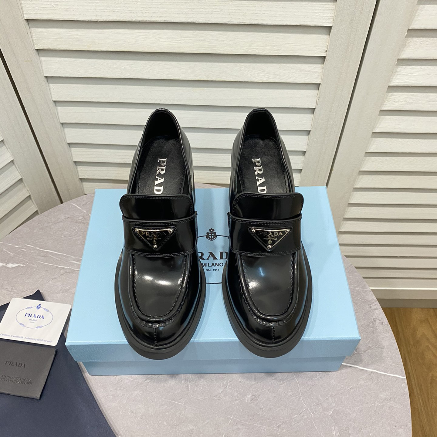 Prada Chocolate High-Heeled Brushed Leather Loafers   - FashionPlug