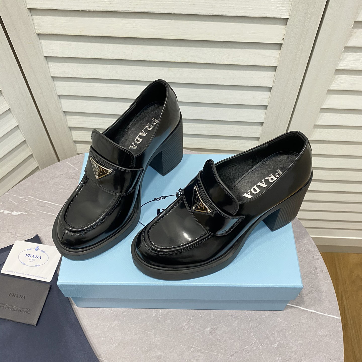 Prada Chocolate High-Heeled Brushed Leather Loafers   - FashionPlug