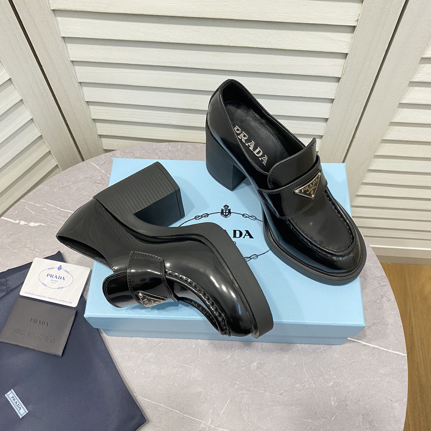 Prada Chocolate High-Heeled Brushed Leather Loafers   - FashionPlug