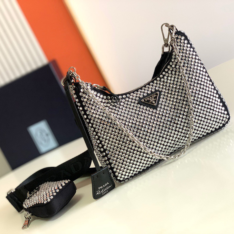 Prada Re-Edition 2005 Satin Bag With Crystals(22-16-6CM) - FashionPlug