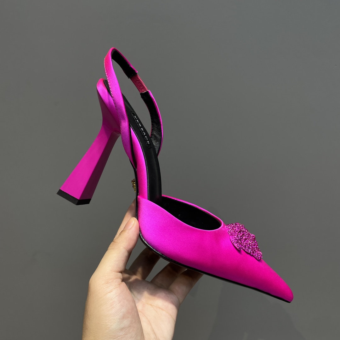 Versace Crystal La Medusa Satin Sling-Back Pumps - FashionPlug