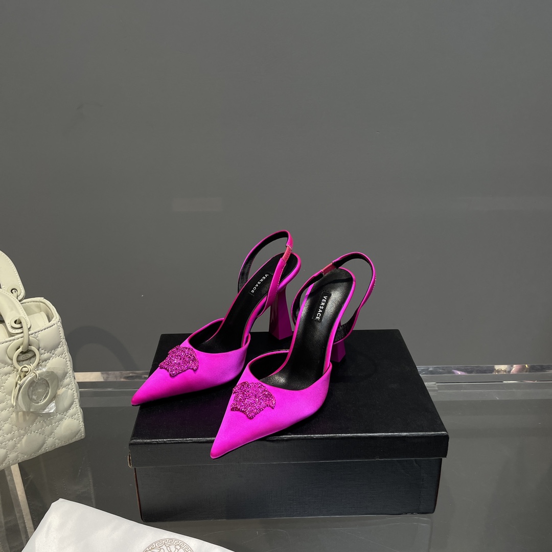 Versace Crystal La Medusa Satin Sling-Back Pumps - FashionPlug