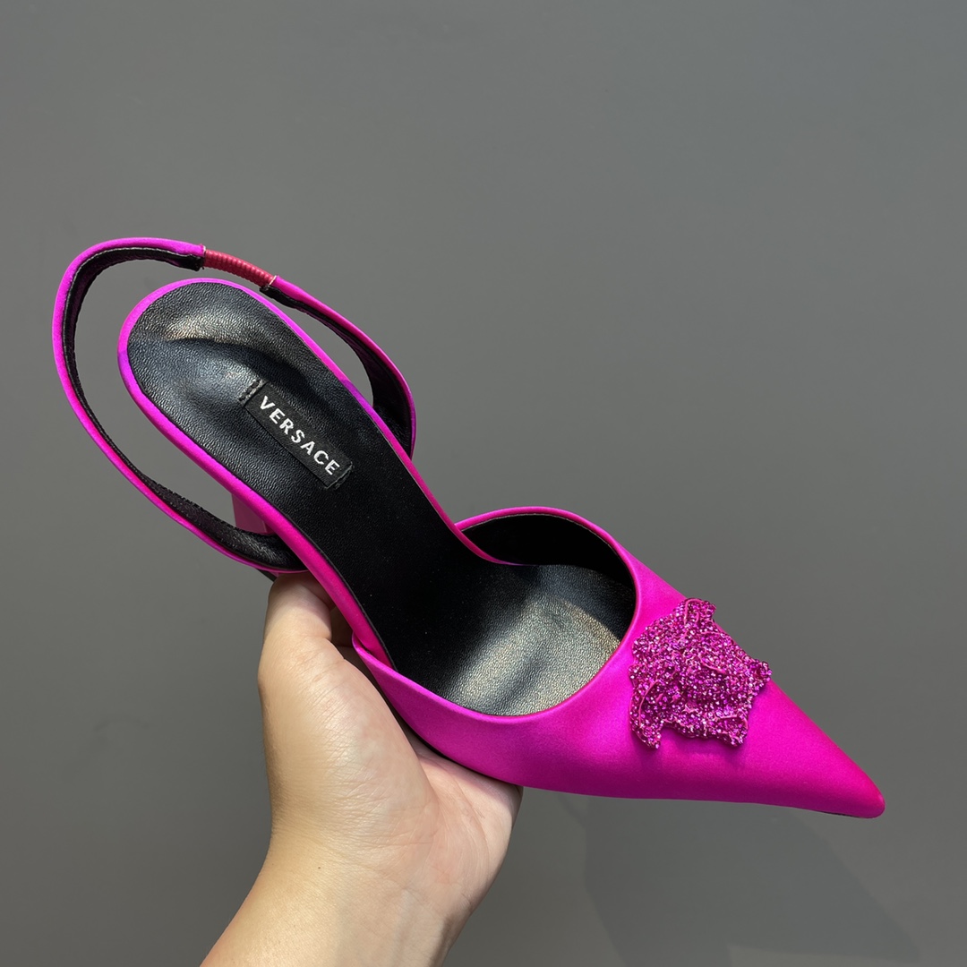 Versace Crystal La Medusa Satin Sling-Back Pumps - FashionPlug
