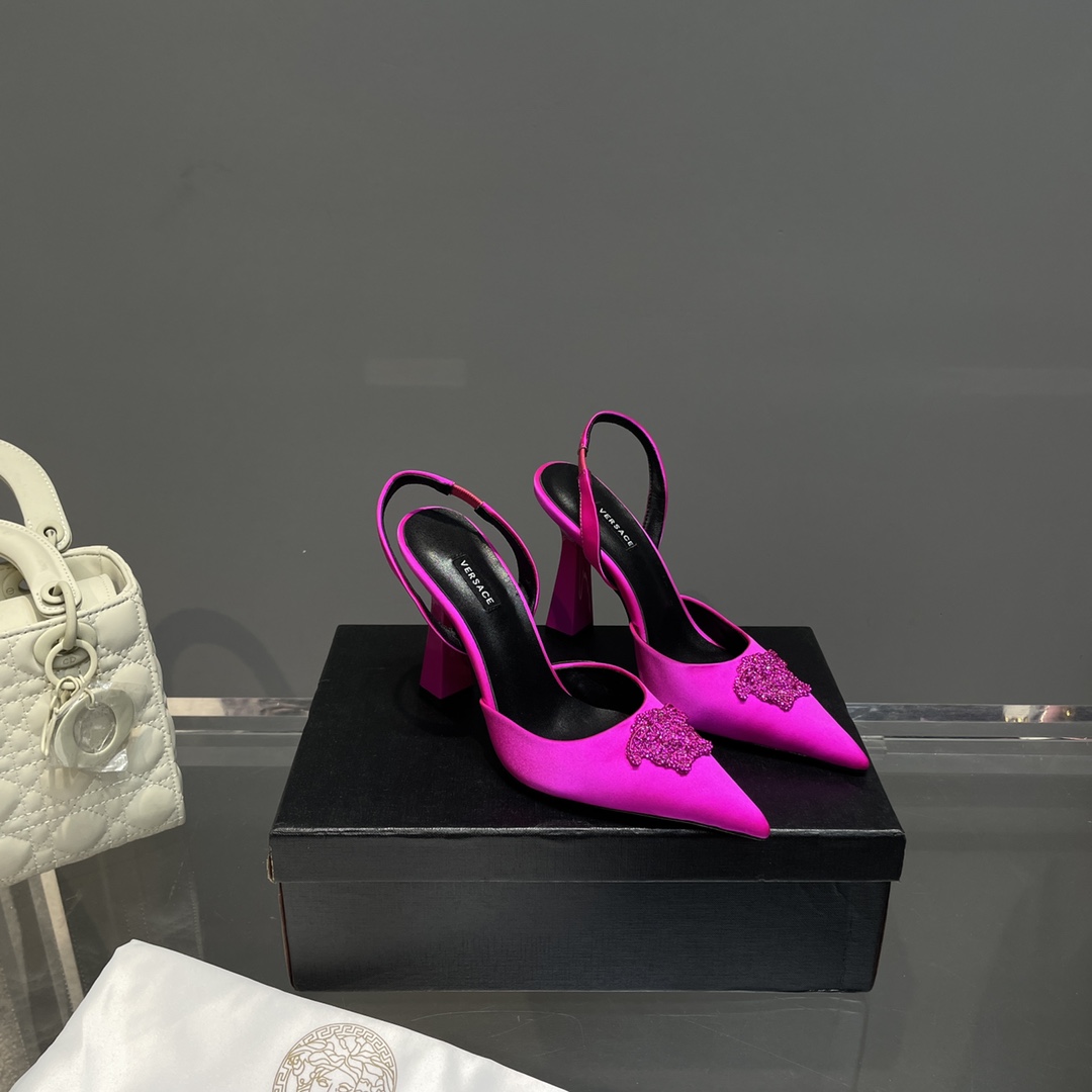 Versace Crystal La Medusa Satin Sling-Back Pumps - FashionPlug