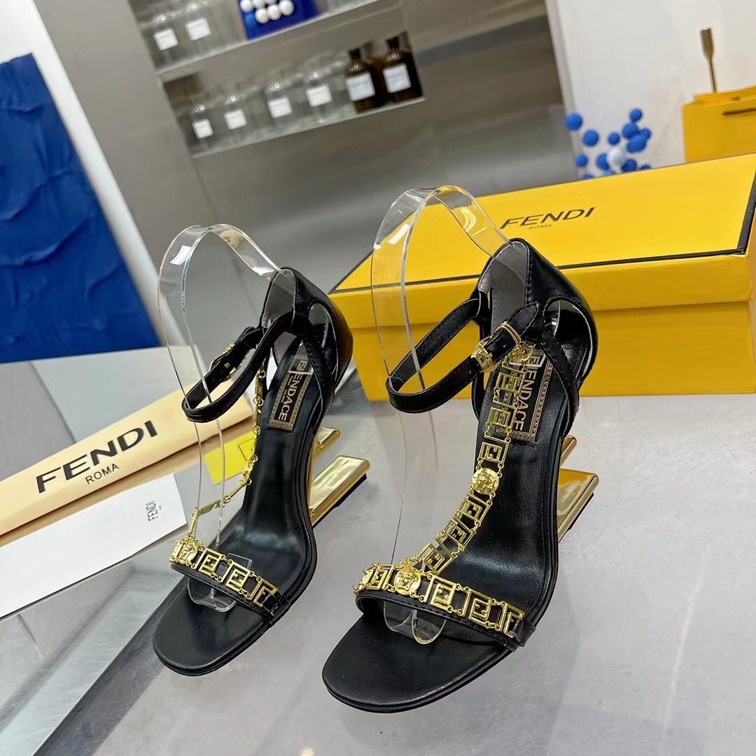 Fendi Fendi First Fendace Black Leather High-Heeled Sandals - FashionPlug