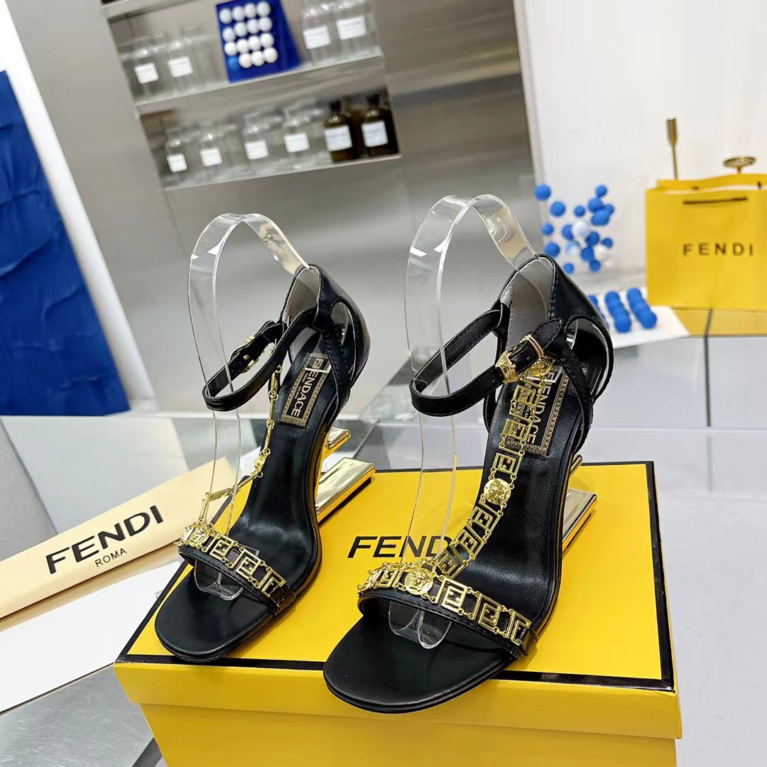 Fendi Fendi First Fendace Black Leather High-Heeled Sandals - FashionPlug