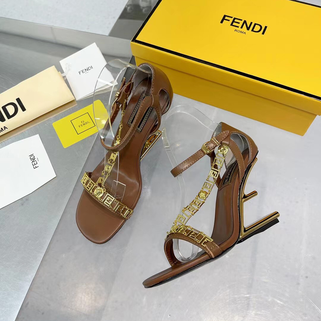 Fendi Fendi First Fendace Brown Leather High-Heeled Sandals - FashionPlug