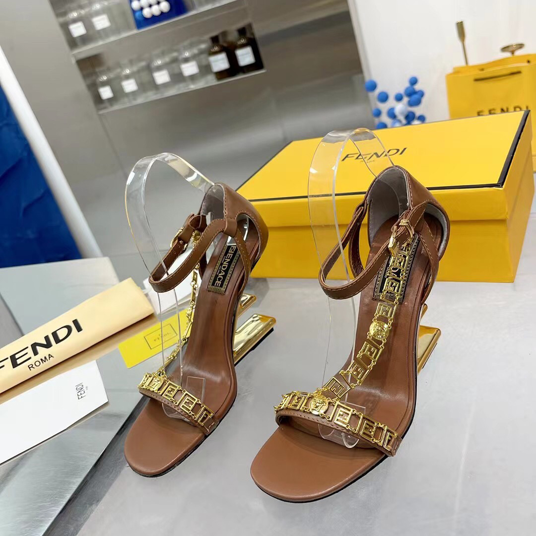Fendi Fendi First Fendace Brown Leather High-Heeled Sandals - FashionPlug