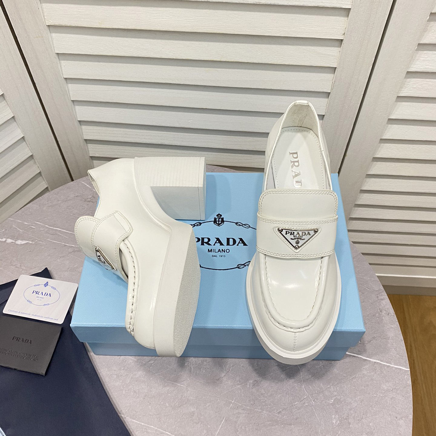 Prada Chocolate High-Heeled Brushed Leather Loafers   - FashionPlug