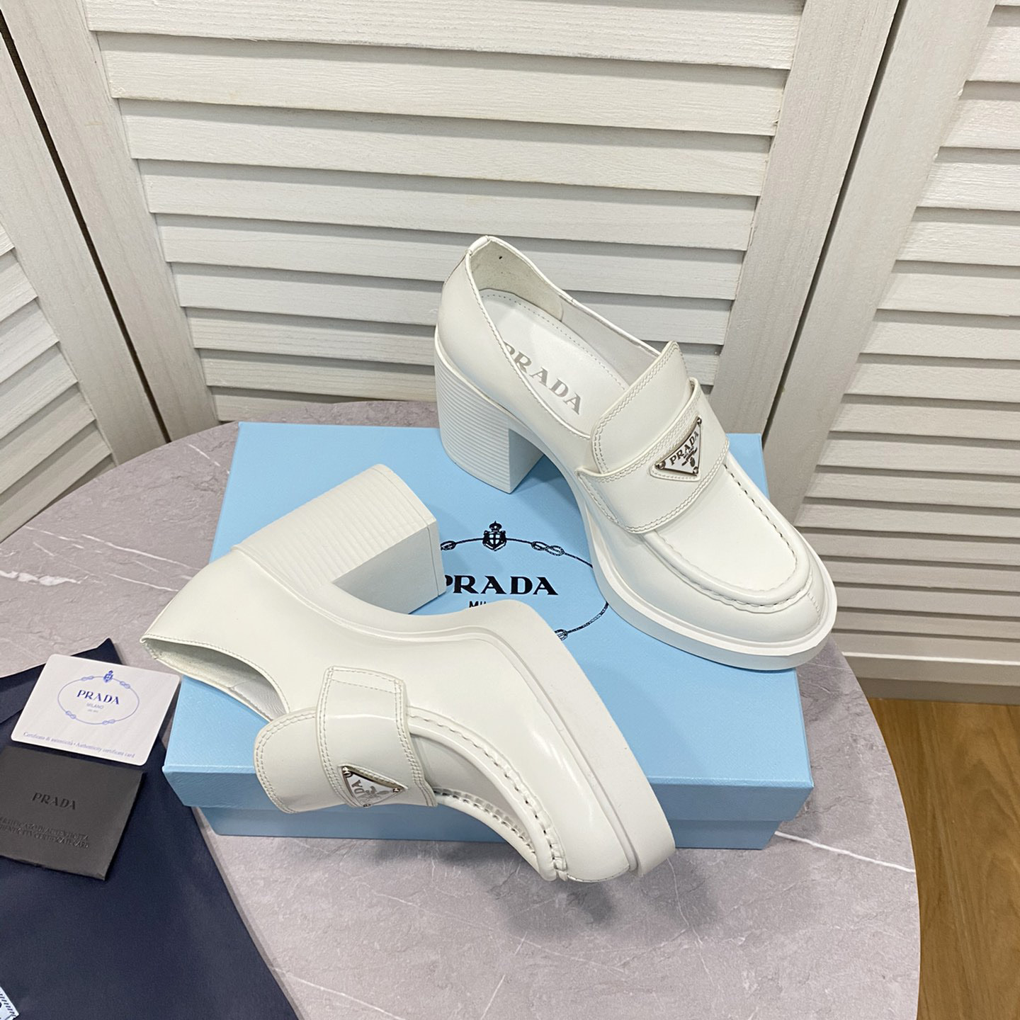 Prada Chocolate High-Heeled Brushed Leather Loafers   - FashionPlug