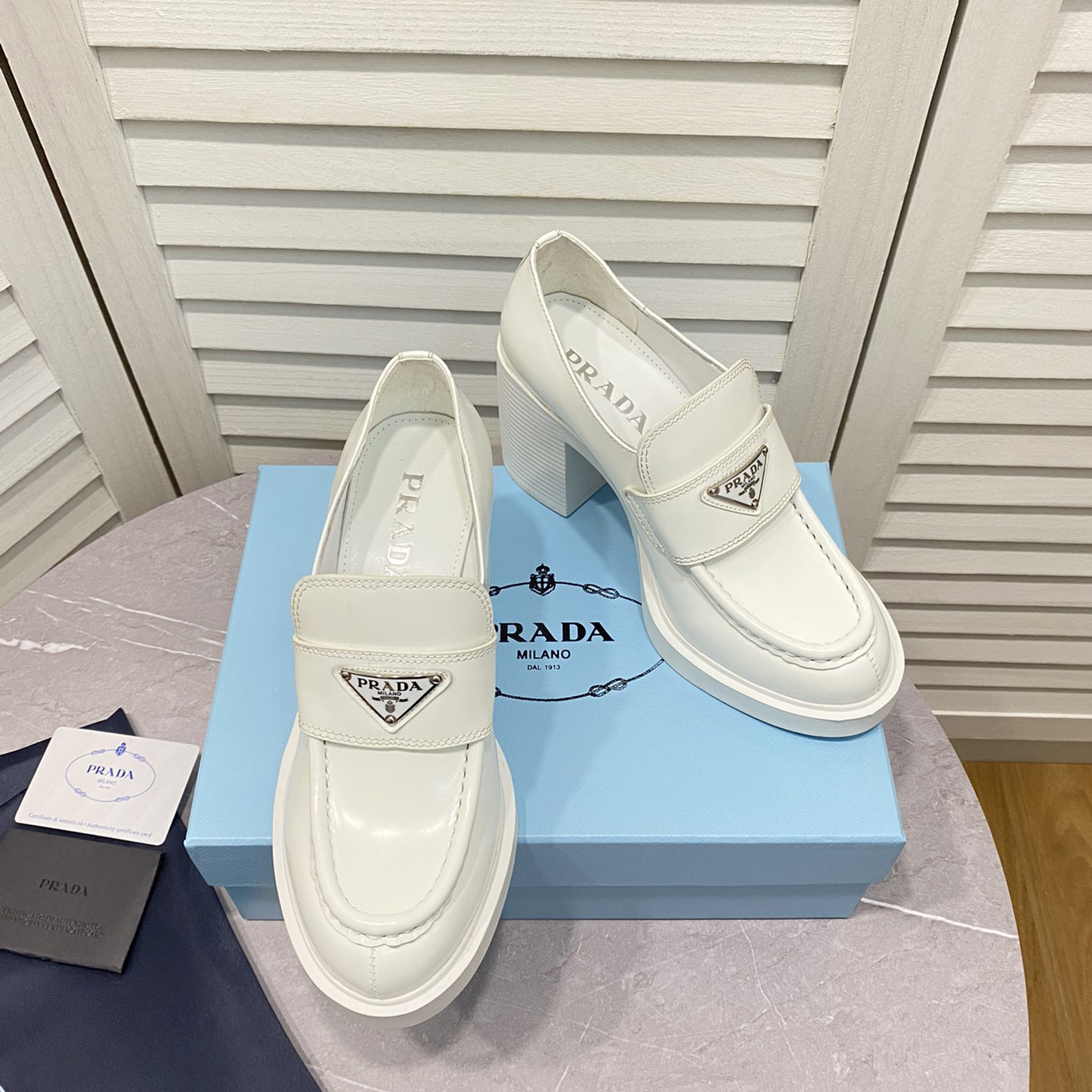 Prada Chocolate High-Heeled Brushed Leather Loafers   - FashionPlug