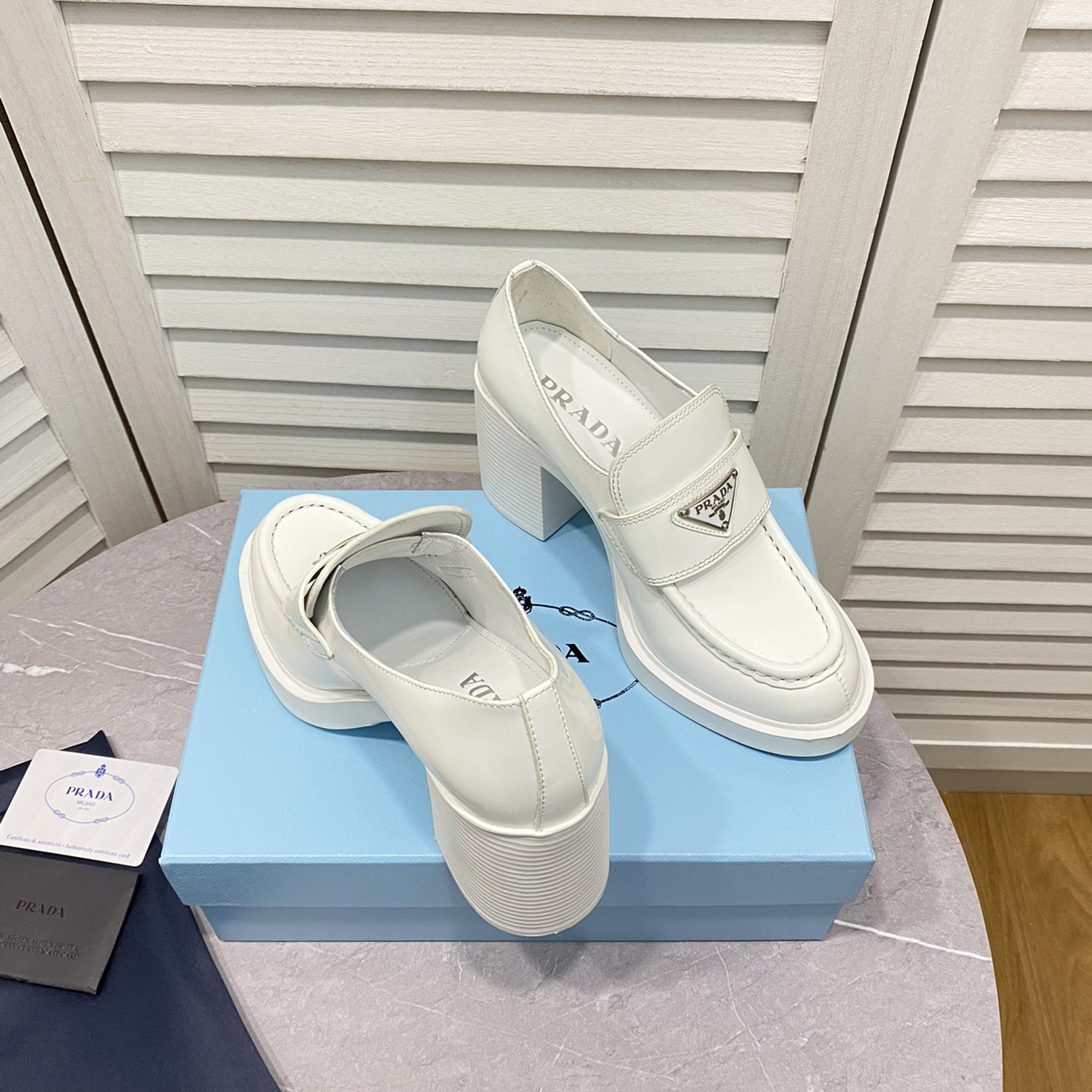 Prada Chocolate High-Heeled Brushed Leather Loafers   - FashionPlug