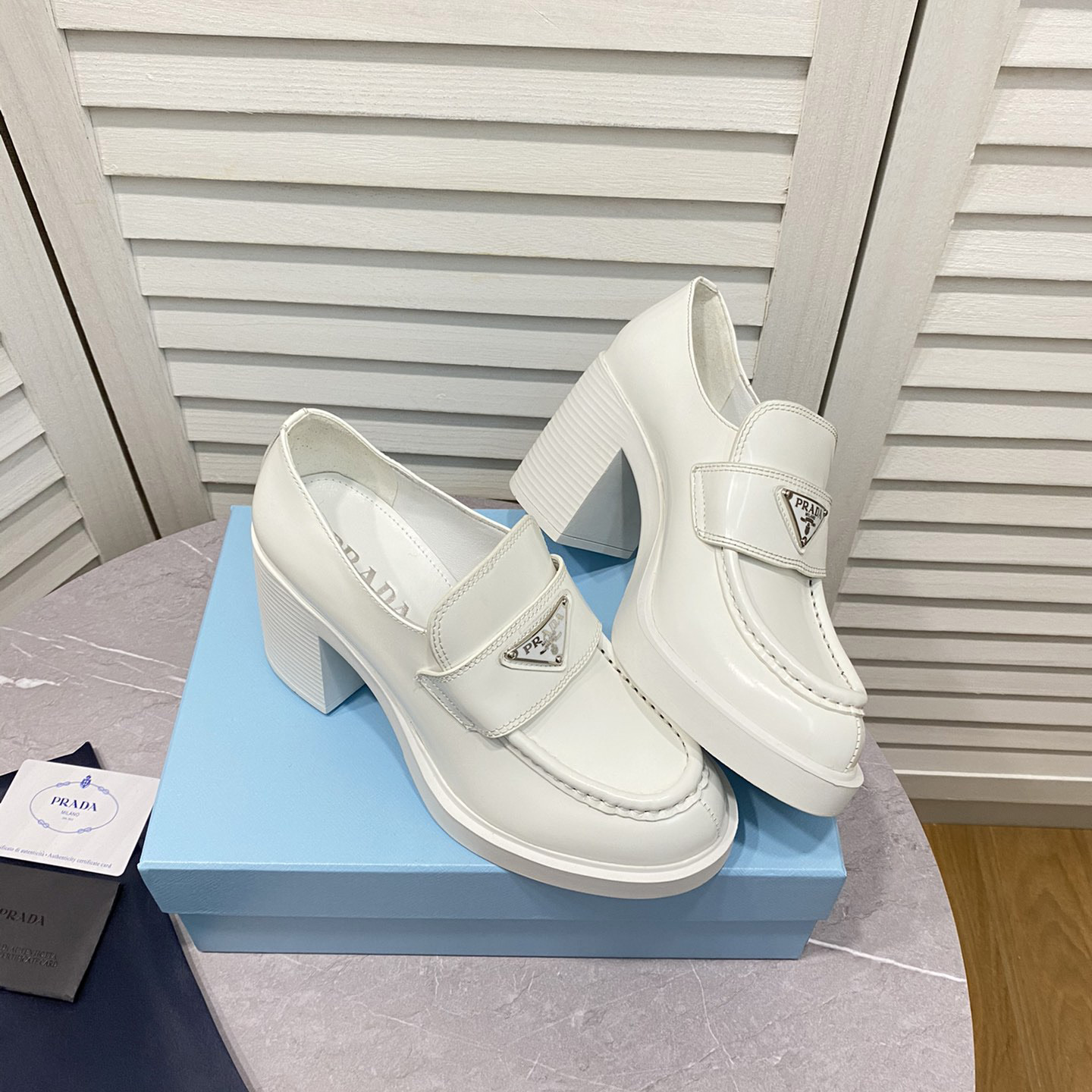 Prada Chocolate High-Heeled Brushed Leather Loafers   - FashionPlug