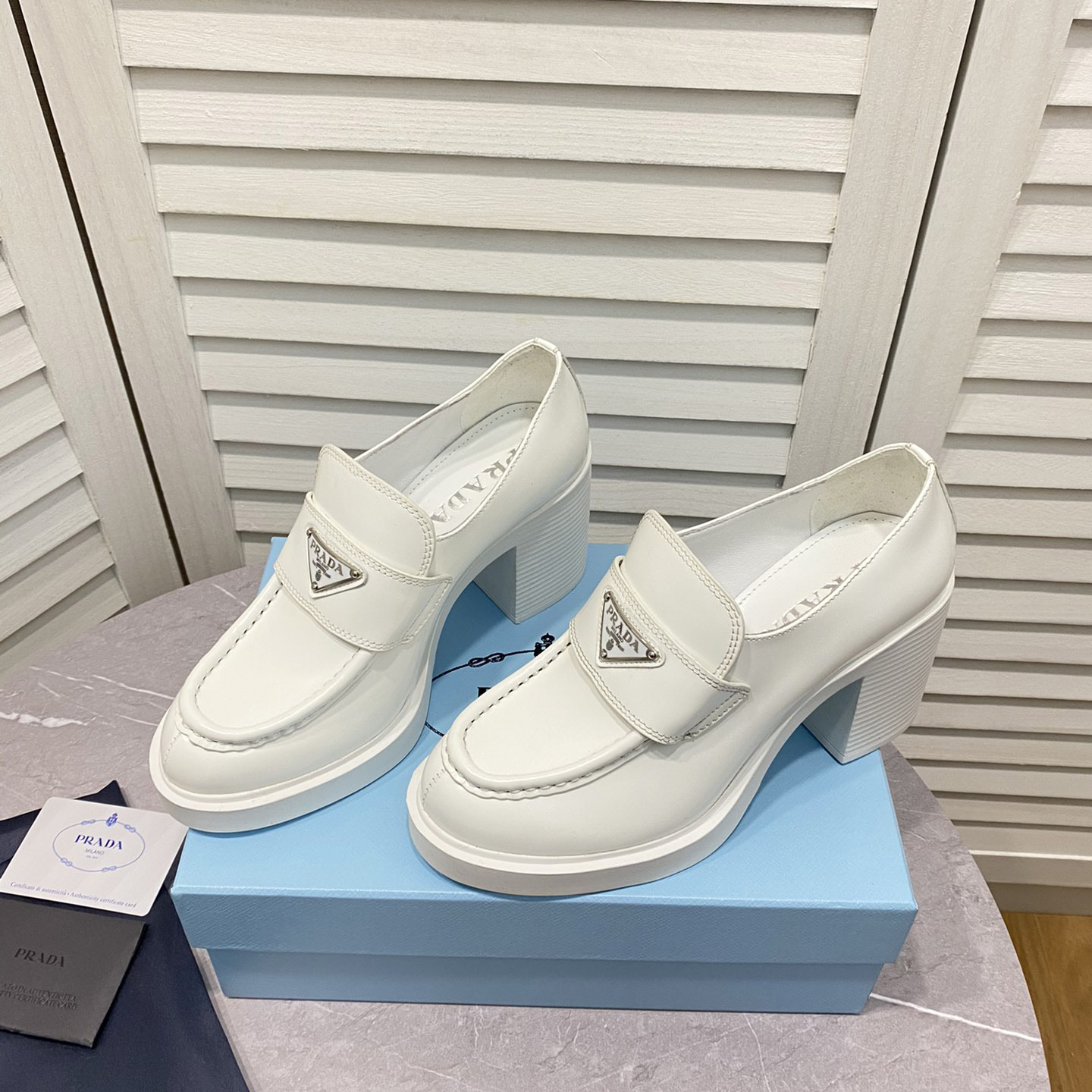 Prada Chocolate High-Heeled Brushed Leather Loafers   - FashionPlug