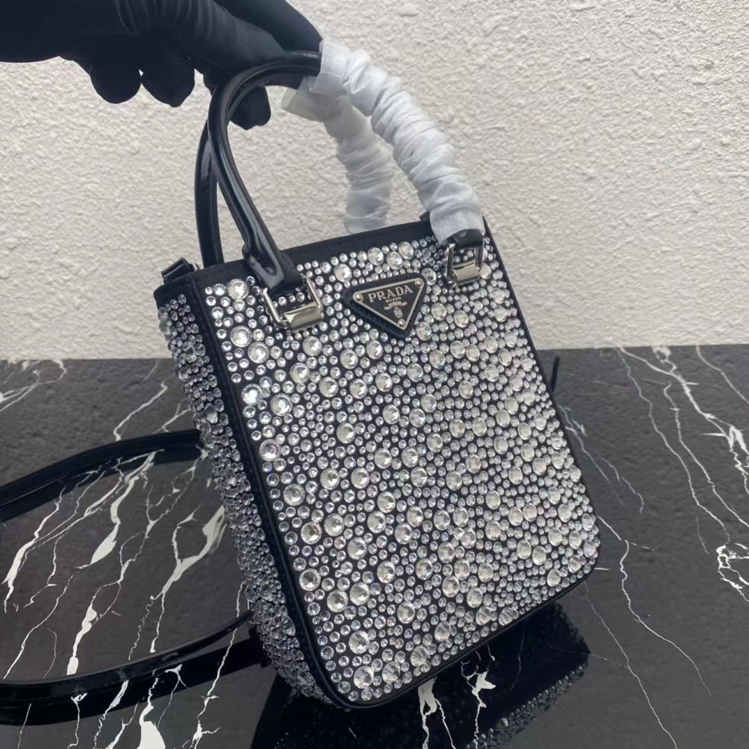 Prada Small Crystal-Studded Satin Tote Bag(17.5-15-5cm) - FashionPlug
