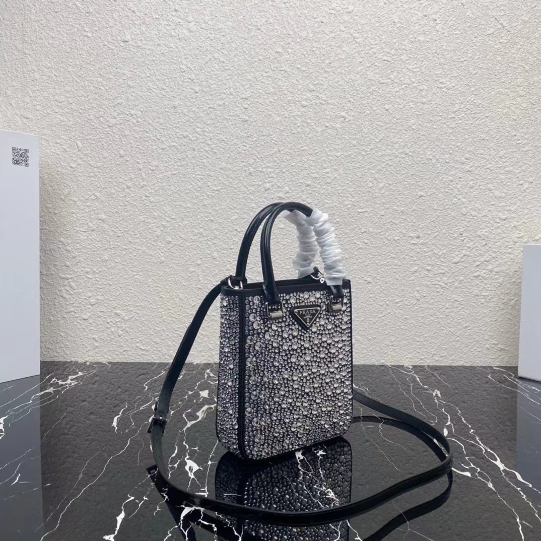 Prada Small Crystal-Studded Satin Tote Bag(17.5-15-5cm) - FashionPlug