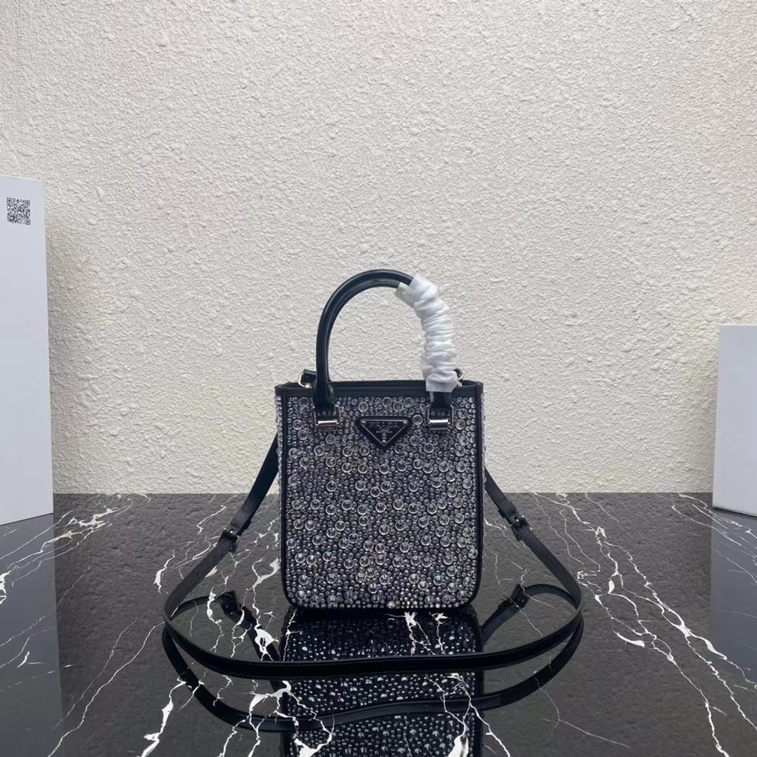 Prada Small Crystal-Studded Satin Tote Bag(17.5-15-5cm) - FashionPlug