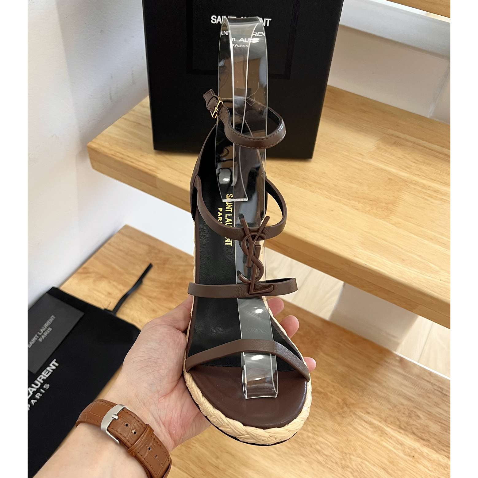 Saint Laurent Cassandra Wedge Espadrilles In Smooth Leather With Brown monogram - FashionPlug