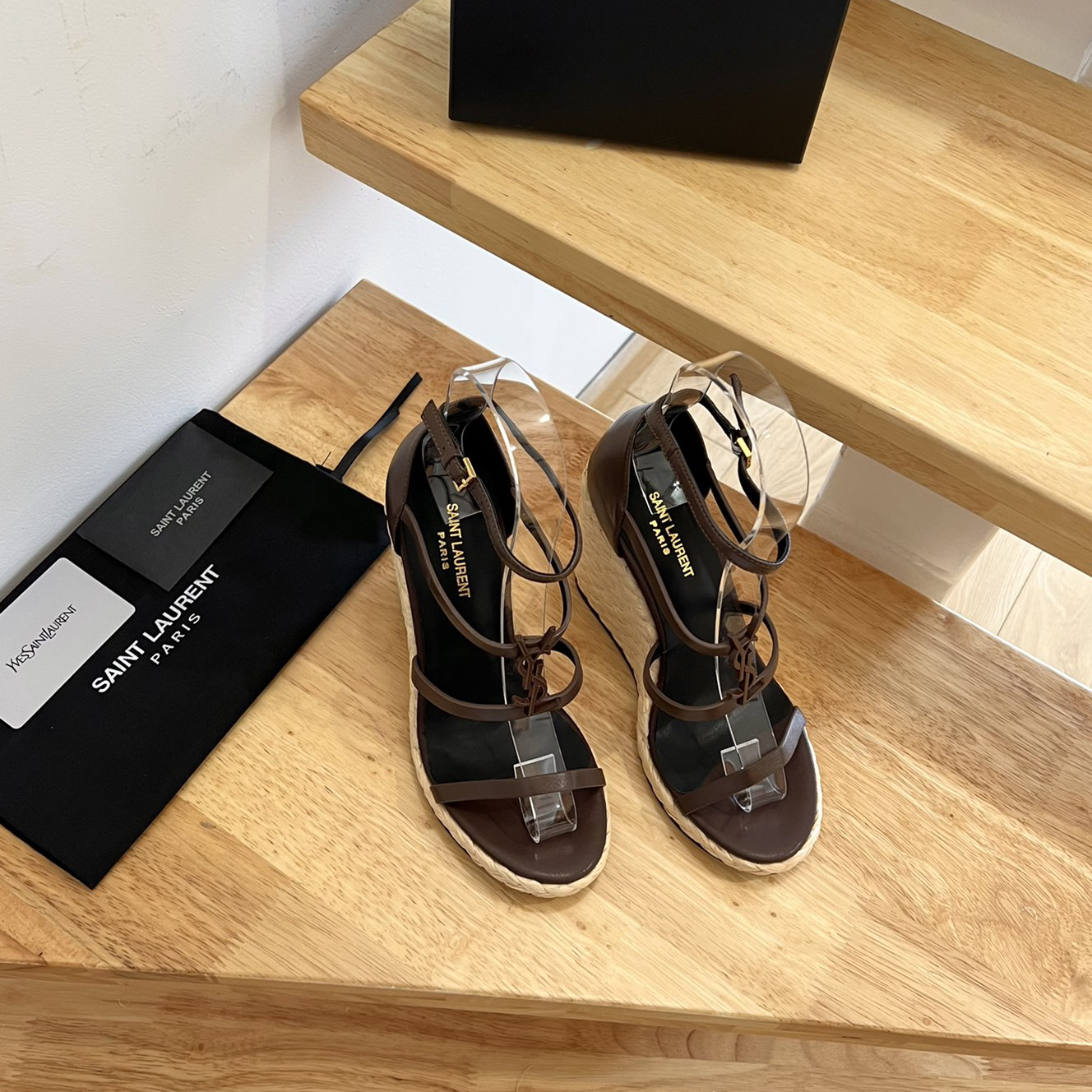 Saint Laurent Cassandra Wedge Espadrilles In Smooth Leather With Brown monogram - FashionPlug