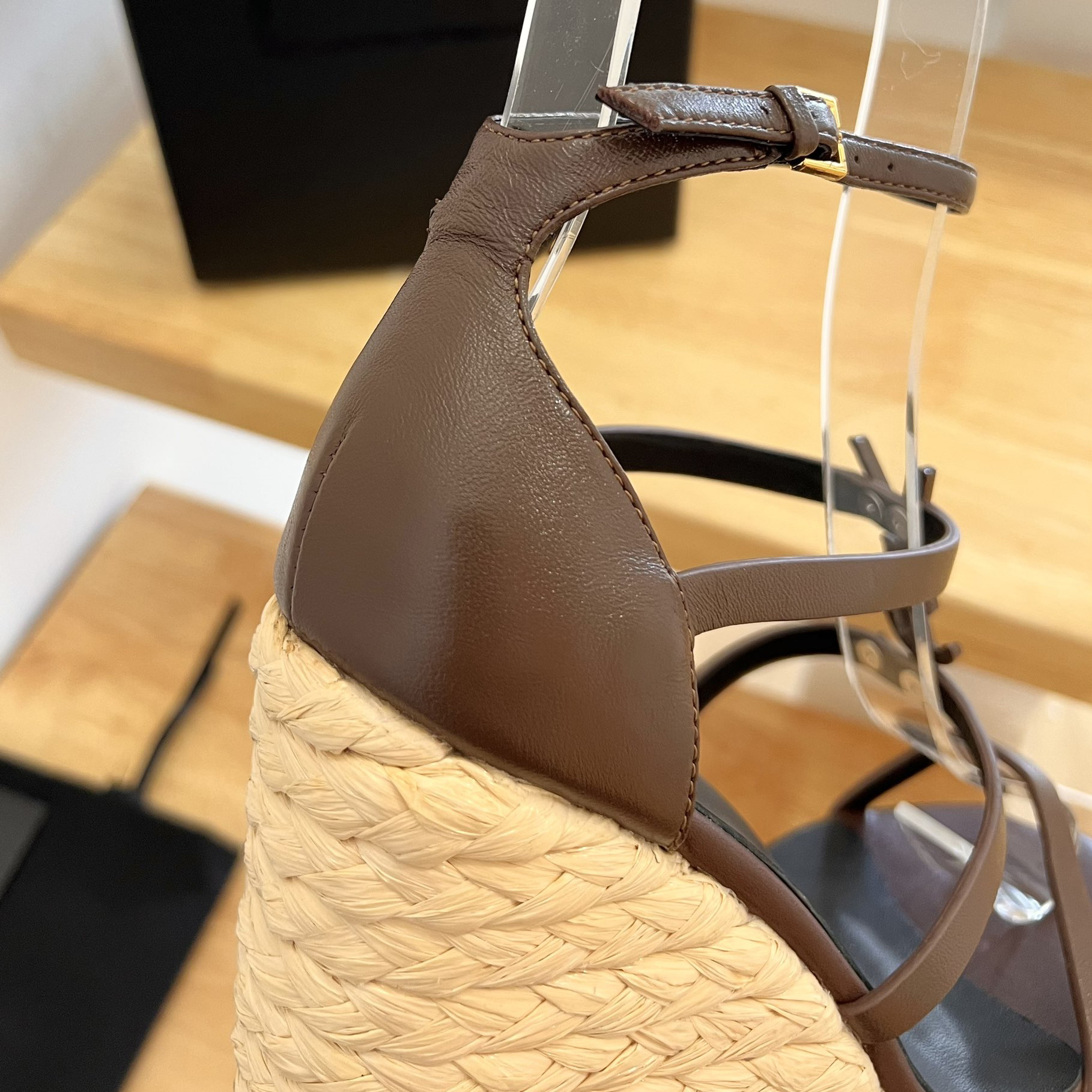 Saint Laurent Cassandra Wedge Espadrilles In Smooth Leather With Brown monogram - FashionPlug